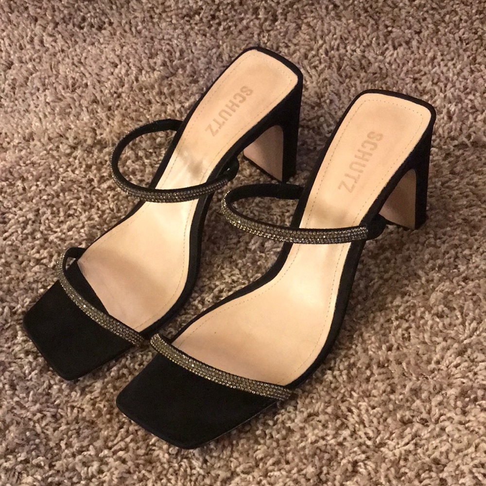 Schutz Salwa Black Suede Rhinestone Strap Sandals size 10.5
